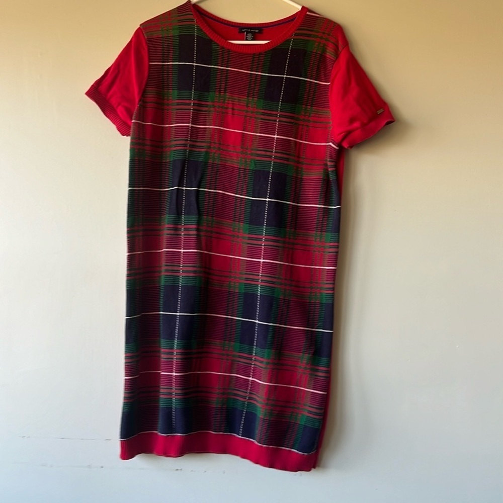Women’s Tommy Hilfiger holiday plaid sweater dress. Size large. Red, green, navy
